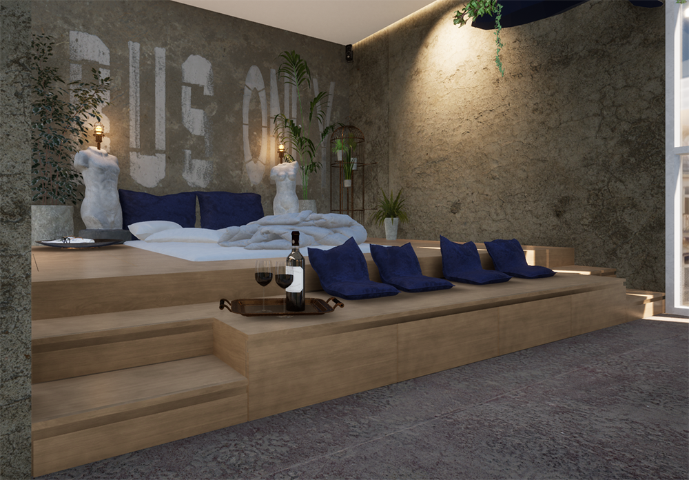 Interior design of the hotel room “Concrete Jungle”" - Vizdome Space