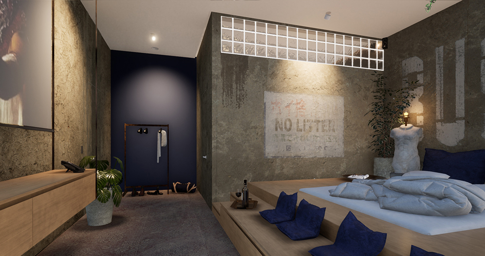 Interior design of the hotel room “Concrete Jungle”" - Vizdome Space